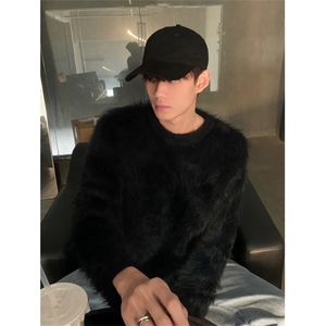 冬季oversize毛软糯纯色毛衣高级感男女长袖保暖圆领针织衫毛线衣,针织衫搭配皮裤图片