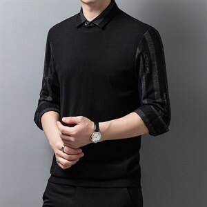 中年男士长袖t恤春秋季2023新款潮流翻领假两件上衣男装卫衣潮图片