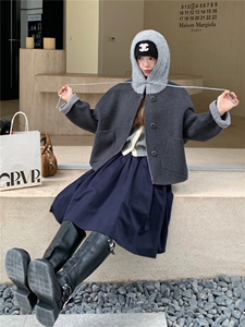 现货新款秋冬新款针织连帽拼接长袖羊绒外套女短款双面羊绒大衣潮图片