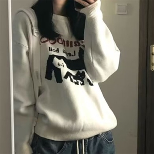 MM159-P68 美式复古提花猫咪毛衣 高街中性风男女卡通针织毛衣图片