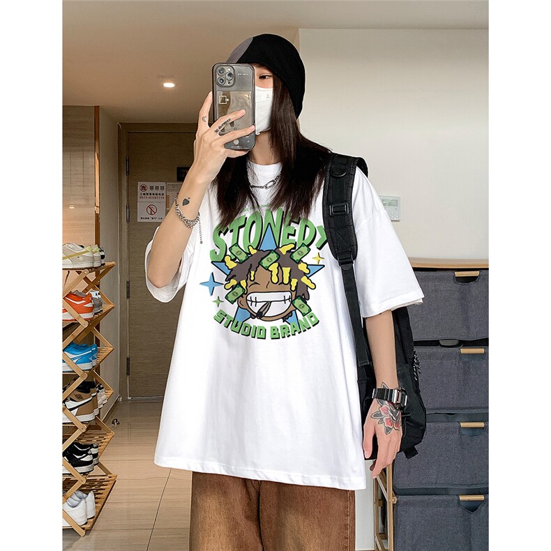 中性风水洗做旧卡通印花短袖男女学院风港风ins潮流夏装T恤图片