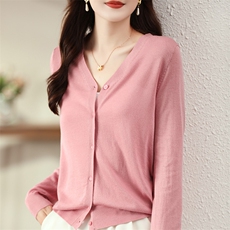 精纺羊毛针织开衫女外套春夏新款V领薄短款外搭长袖毛衣简约上衣，女装羊毛衫，片语羊绒