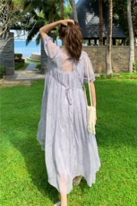 法式气质紫色长袖连衣裙女夏季2025新款小个子海边度假茶歇裙子，女装连衣裙，2C159
