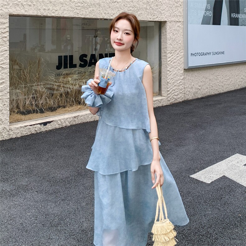 温柔风法式浪漫蓝色无袖背心连衣裙女夏2025新款独特漂亮显瘦长裙,女装连衣裙,1D102-1