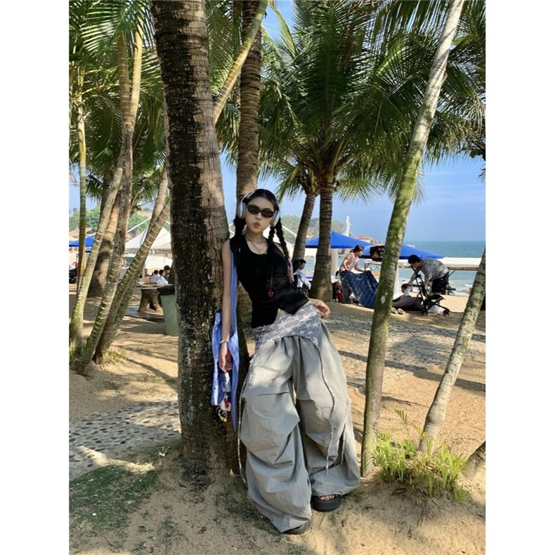 美式街头屁帘飘带设计多色长裤夏季宽松阔腿休闲打褶堆积感裤子潮,男装休闲裤,星座1210-1