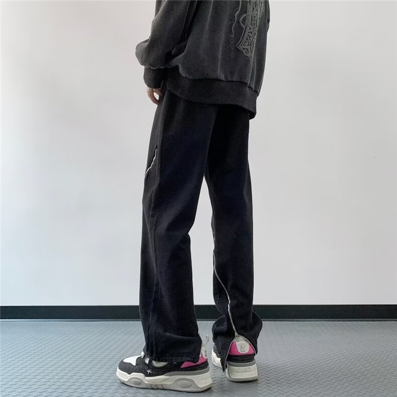 拉链牛仔裤男痞帅美式高街做旧黄泥染oversize阔腿裤N8168-P48,男装牛仔裤,星座1001-1