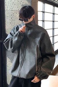 1美式复古做旧双拉链大口袋PU皮大码M-5XL夹克男JK77777P95控128图片