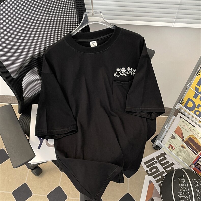 高品质夏款男短袖T恤大口袋菊刺绣宽松纯棉T恤衫T55P33,男装T恤,星座1013-1