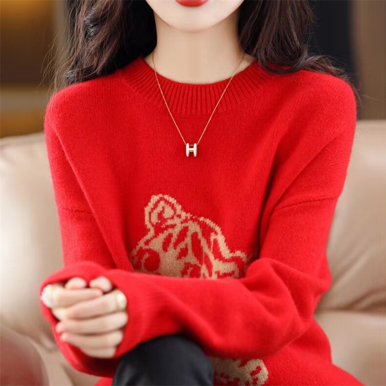 秋冬新款女圆领红色喜庆毛衣慵懒风宽松显瘦百搭套头羊毛衫,女装羊毛衫,千御纺羊绒