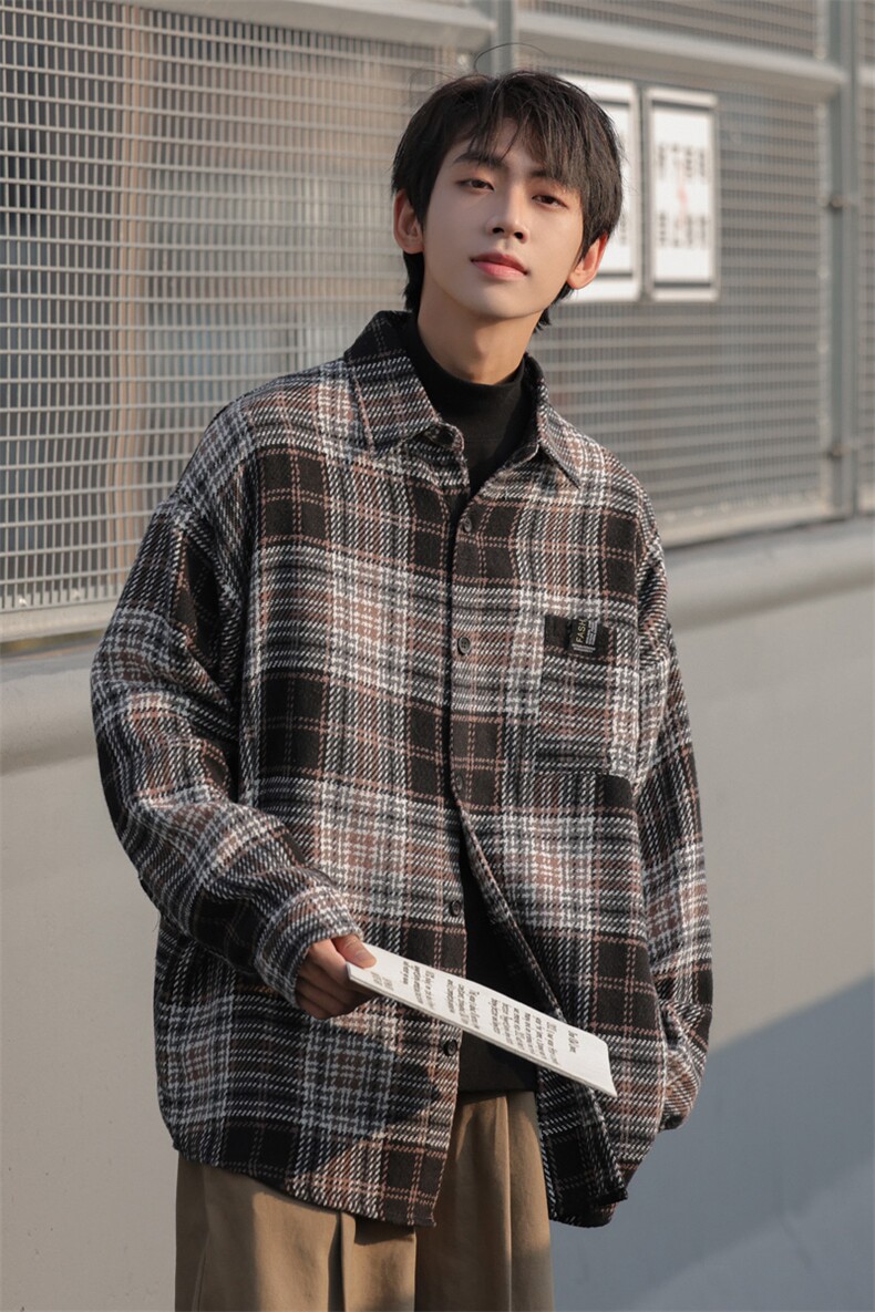 秋冬款cityboy格子衬衫外套男宽松港风日系长袖衬衣DX189P60控78,男装衬衫,电商B413-1