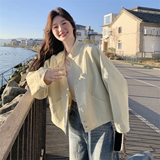 韩系chic黄色立领落肩长袖外套女春夏秋超火好看慵懒宽松短款上衣，女装短外套，2C129