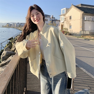 韩系chic黄色立领落肩长袖外套女春夏秋超火好看慵懒宽松短款上衣图片