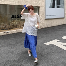 后背开叉蕾丝T恤格子半身裙套装女夏巨好看松驰感两件套爆款减龄，女装套装/套裙，欧黛芙妮