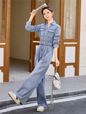 （新款现货）2026春装时尚休闲显瘦工装v领牛仔阔腿腰带连体裤女，女装连体裤，印象茜