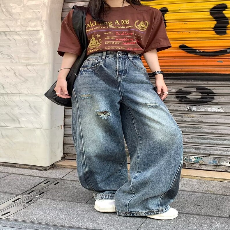 美式潮流水洗破洞休闲牛仔裤女春季设计感高腰宽松阔腿裤灯笼长裤,女装休闲裤,星座218-8
