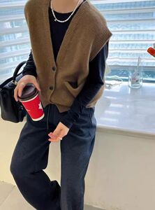 韩系宽松大码羊毛针织马甲开衫女秋冬新款V领叠穿坎肩软糯打底衫图片