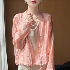 人丝抽绳开衫长袖2026年夏季宽松型女，女装蕾丝衫/雪纺衫，圣丽羊绒