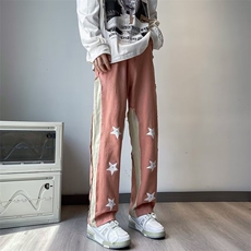 潮个性星星直筒牛仔裤男女小众百搭拼接ins美式长裤N0831-P58，男装牛仔裤，星座308B-1