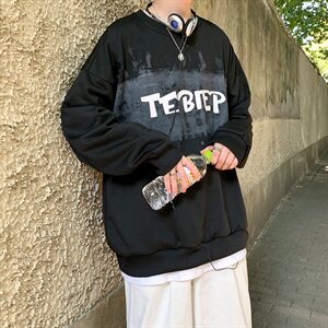 703-WW005 秋季基础款泼漆效果印花圆领套头卫衣图片