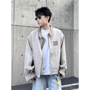 美式重磅灰色空气层棒球服外套男春季简约宽松百搭开衫夹克图片