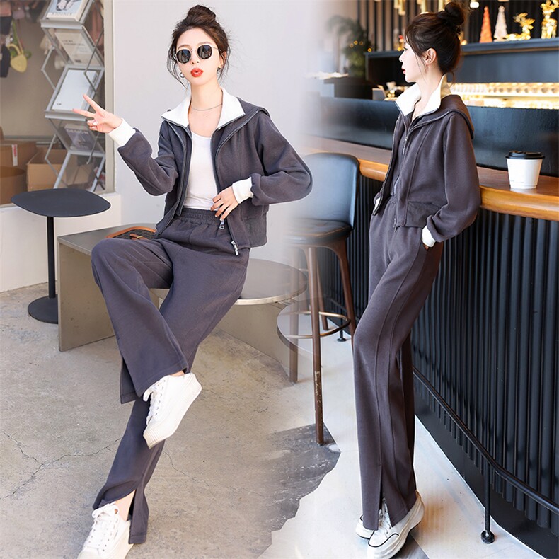 2024新款春装盐系轻熟运动休闲时尚假两件卫衣阔腿裤两件套装女图片