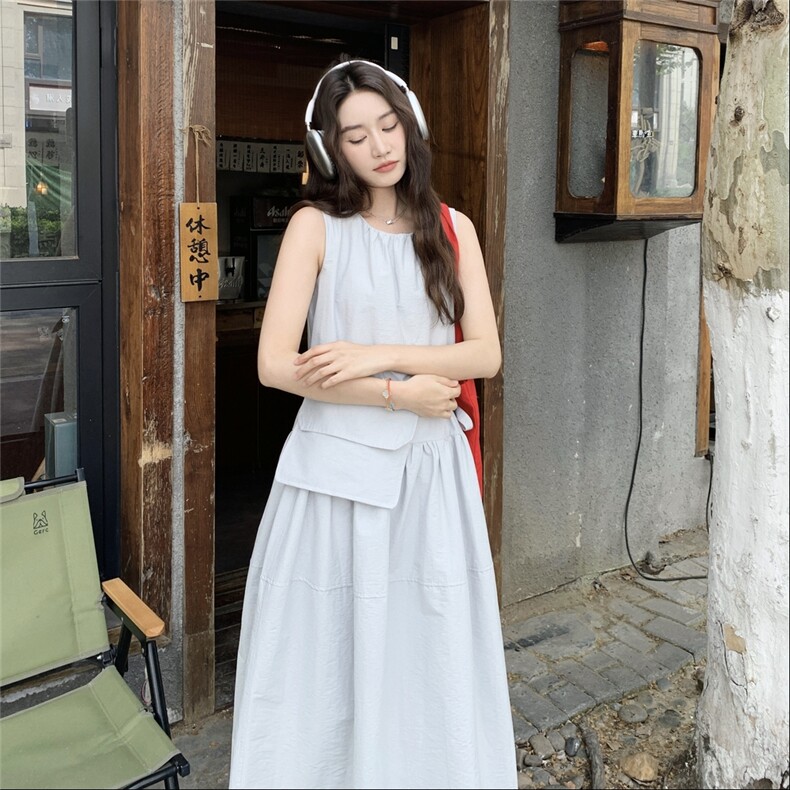 现货2025夏装新款休闲韩系学院风无袖连衣裙,女装连衣裙,1C071-1