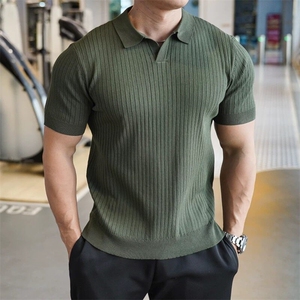 老钱风纯色条纹V领针织男短袖翻领上午冰丝Polo衫75010/P48图片