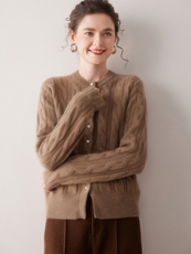 绞花珍珠扣100%山羊绒开衫女圆领毛衣保暖百搭2025秋冬新针织外套，女装针织衫/毛衣，美创羊绒