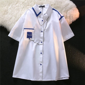 青少年设计感小众ins港风撞色项链衬衫男女夏季宽松复古别致短袖图片