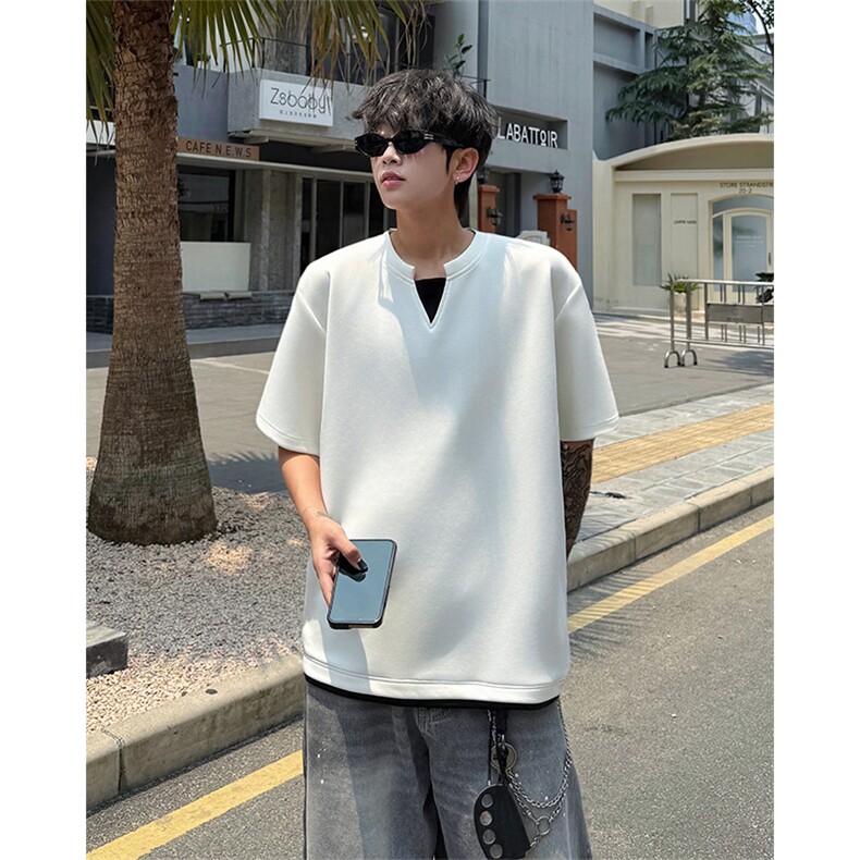 亨利领短袖T恤假两件美式宽松打底衫情侣半袖上衣短袖半袖特P30,男装T恤,电商B319
