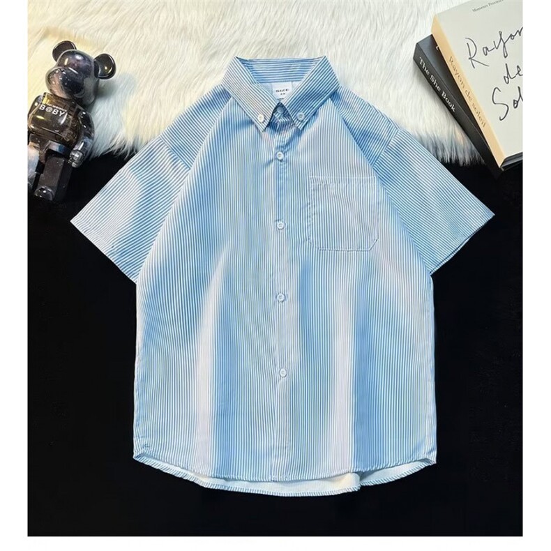 宽松竖条纹短袖衬衫男女夏季ins潮外穿百搭半袖衬衣港风CY939-P28,男装衬衫,星座412-2