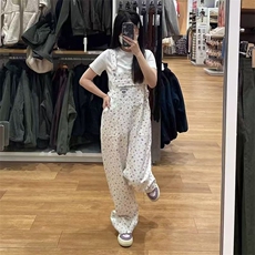 日系可爱清纯风白色牛仔背带裤女印花少女连体裤宽松显瘦长裤子潮，男装牛仔裤，星座506A