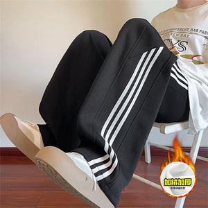 抖音得物高品质秋冬重磅加绒潮流运动三条杠宽松直筒休闲卫裤K360图片