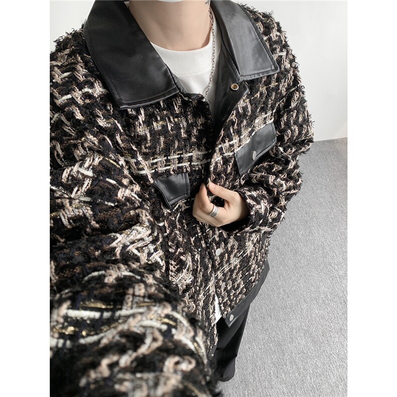 复古拼接小香风外套春秋大码高级感痞帅上衣pu皮衣夹克c,男装皮衣,电商B238