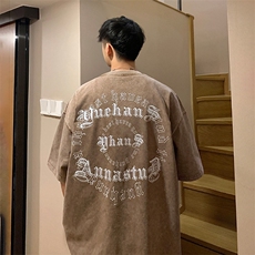 抖音供货、230克现货水洗棉印花宽松版短袖T恤D223A-ST2321-P35，男装T恤，电商019-1