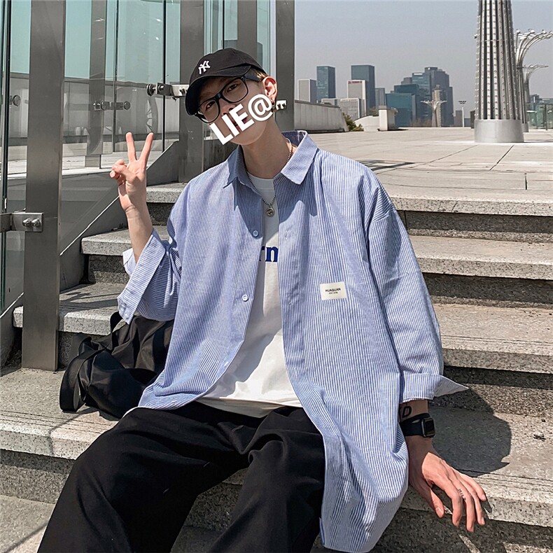 2026夏装新款条纹绣标短袖五分袖衬衫潮男衬衣CS8090/P40蓝,男装T恤,电商A094
