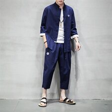 中国风大码套装复古刺绣七分袖衬衫唐装宽松棉麻休闲裤TZ073/P100，男装套装，电商A008