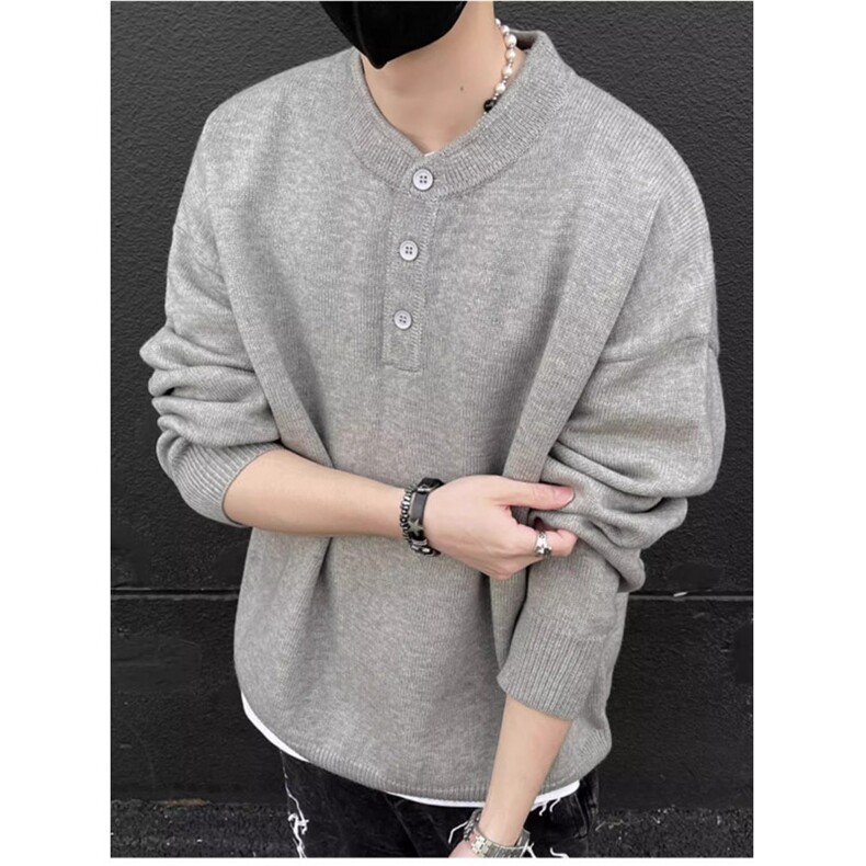 轻奢气质感亨利领黑色毛线衣男士麻花纹理高弹包芯纱针织衫，男装针织衫/毛衣，星座506A