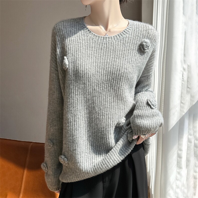 2025年秋季长袖通勤元宝针钩花圆领时尚百搭休闲，女装羊绒衫，多娇羊绒