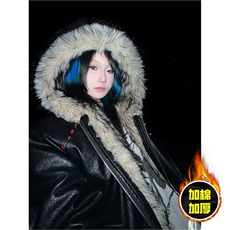 现货冬季美式潮牌痞帅PU皮机车服棉衣毛毛绒狼王座山雕皮棉服，男装棉衣，电商A486