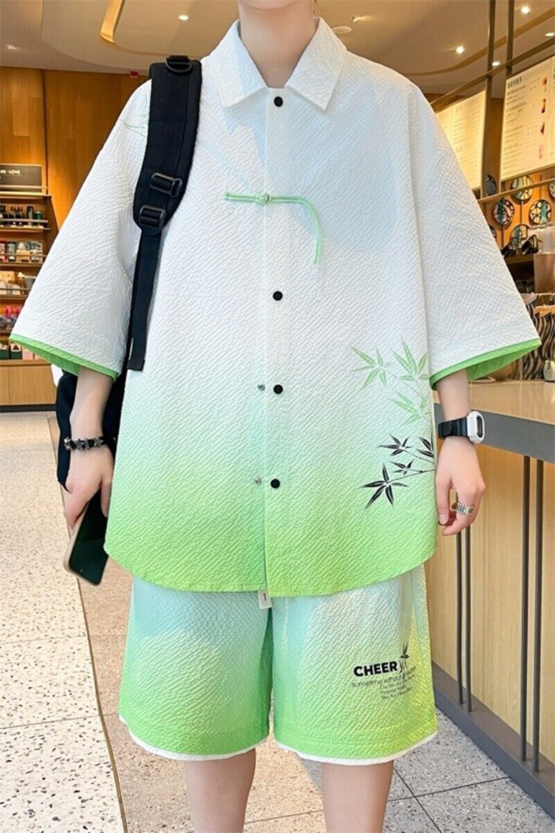 wassuphappy新中式套装男款夏季潮流渐变短袖衬衫痞帅一整套搭配,男装衬衫,电商D310B