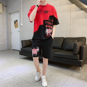 2024夏季新款短袖T恤套装青少年休闲宽松潮流两件套男装F48P58图片