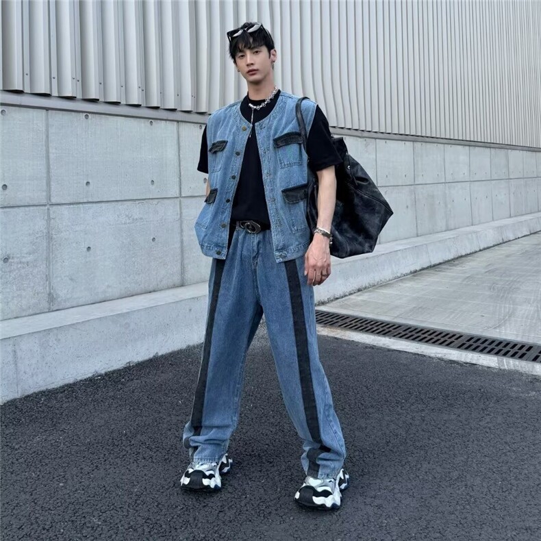 炸街潮牌两件套痞帅春夏牛仔马甲套装2025新款ins牛仔裤W6537-P86图片