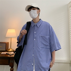 2025夏季新款格子宽松大码短袖衬衫潮衬衣A017C10P45，男装T恤，电商A017
