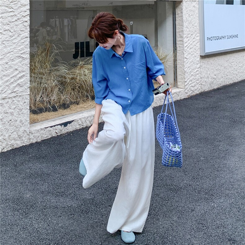蓝色韩系防晒衬衫套装裤女夏季新款休闲轻薄背心阔腿裤气质三件套,女装套装/套裙,2D145