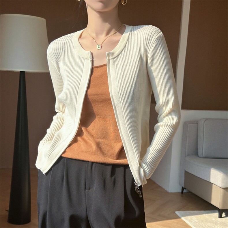 精纺双拉链圆羊毛开衫外套女2025年春秋新款羊毛针织修身毛衣，女装羊毛衫，庆大羊绒