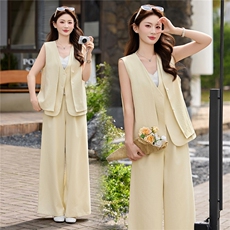 现货轻熟风气质套装女2026夏季麻料薄款西装马甲上衣阔腿裤两件套，女装套装/套裙，艾仟回(原伊仟回)
