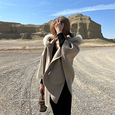 魔女斗篷！奢华狐狸毛领双面纯羊毛大衣女气质秋冬高端羊绒呢外套，女装双面呢大衣，蒙绒特