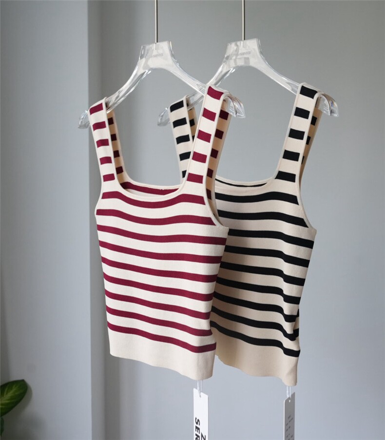 条纹针织吊带背心女内搭夏外穿修身弹力百搭美背，女装背心吊带，沐策羊绒