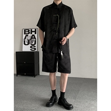 夏季新中式风竹叶冰丝手工盘扣大码男女中性短袖唐装上衣衬衫，男装T恤，星座909
